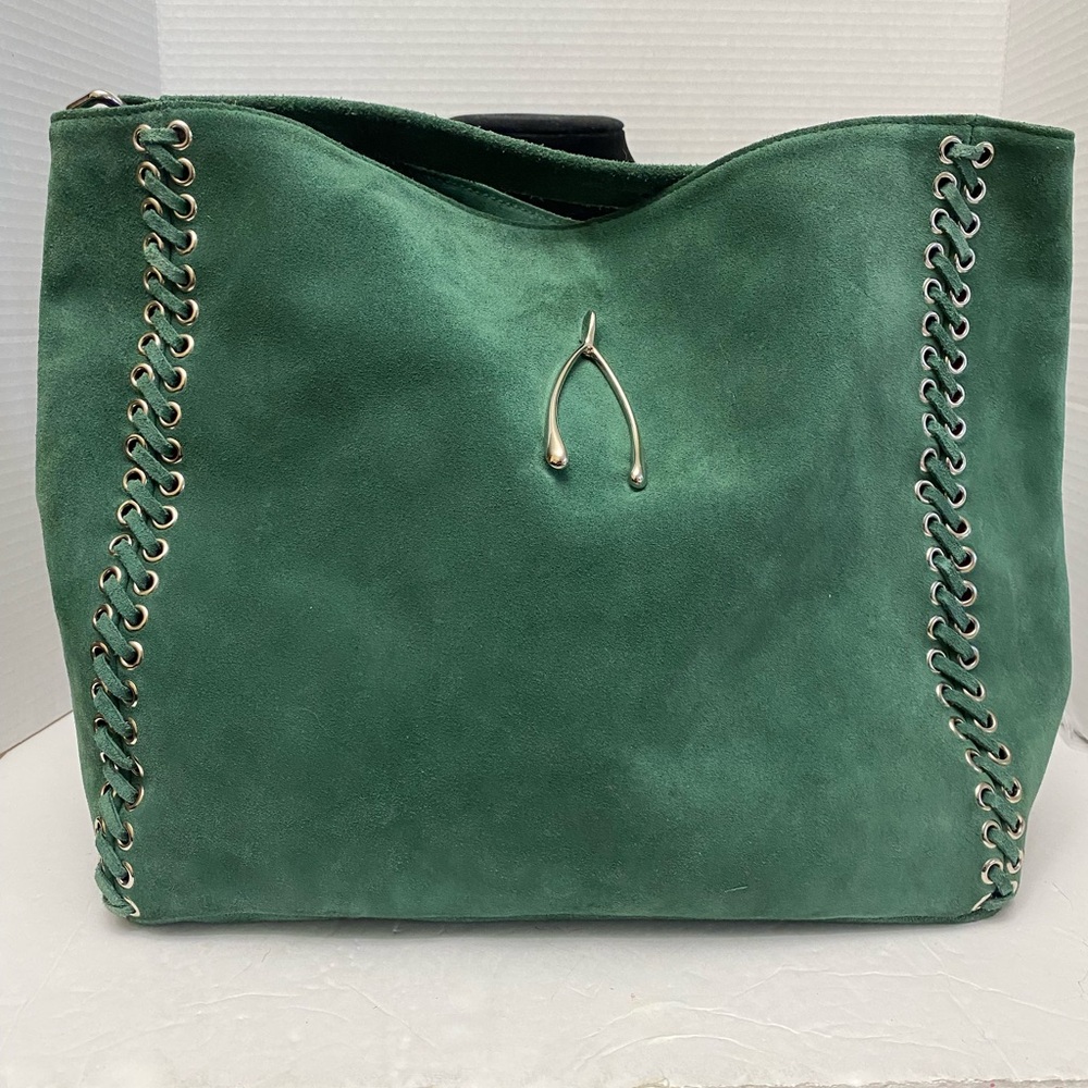 Rare Wishbone Green Suede Handbag with Rivet Lacing on front and back
